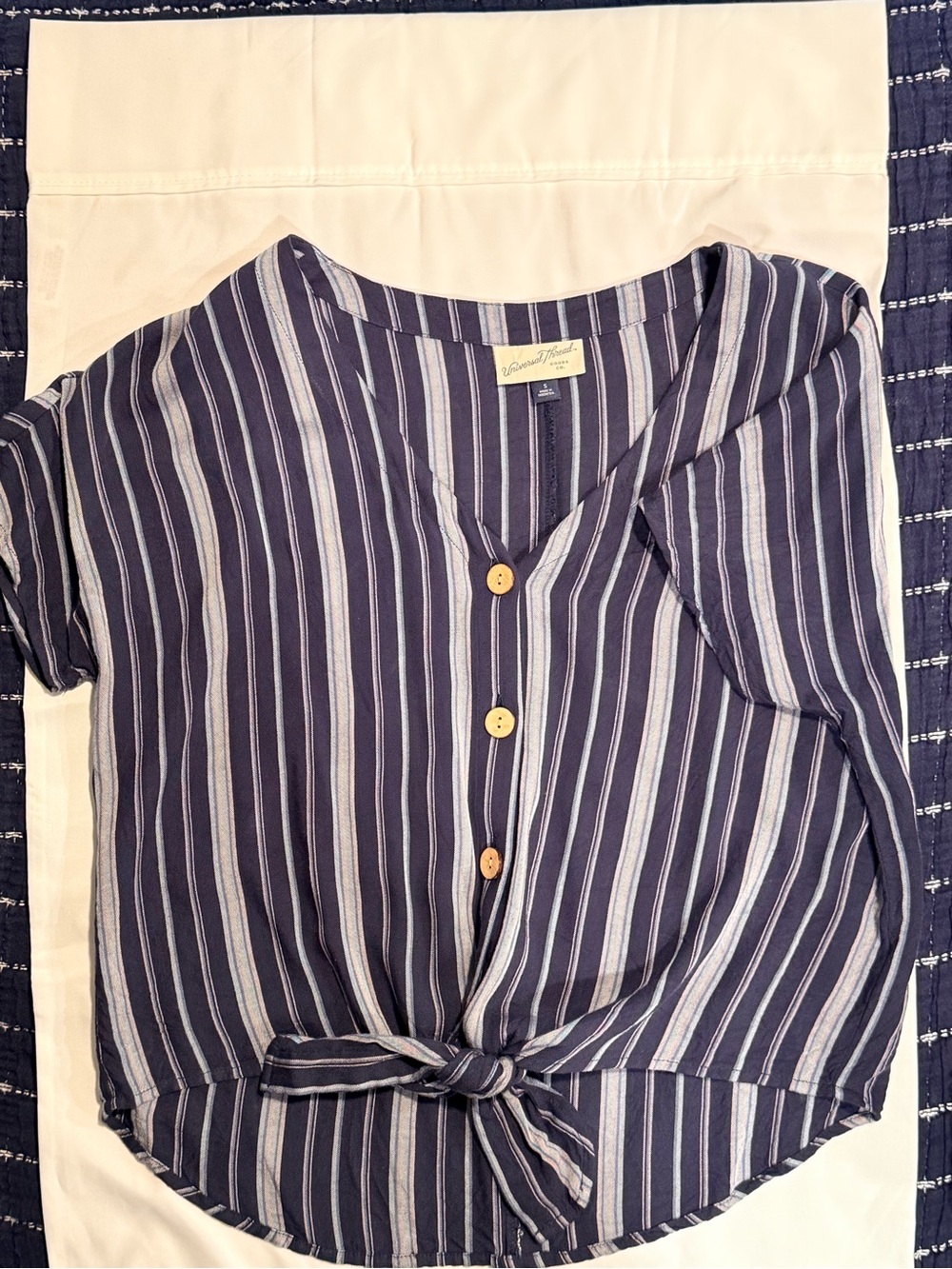 Universal Thread Navy and Light Blue Striped Button-Front Tie Hem Top